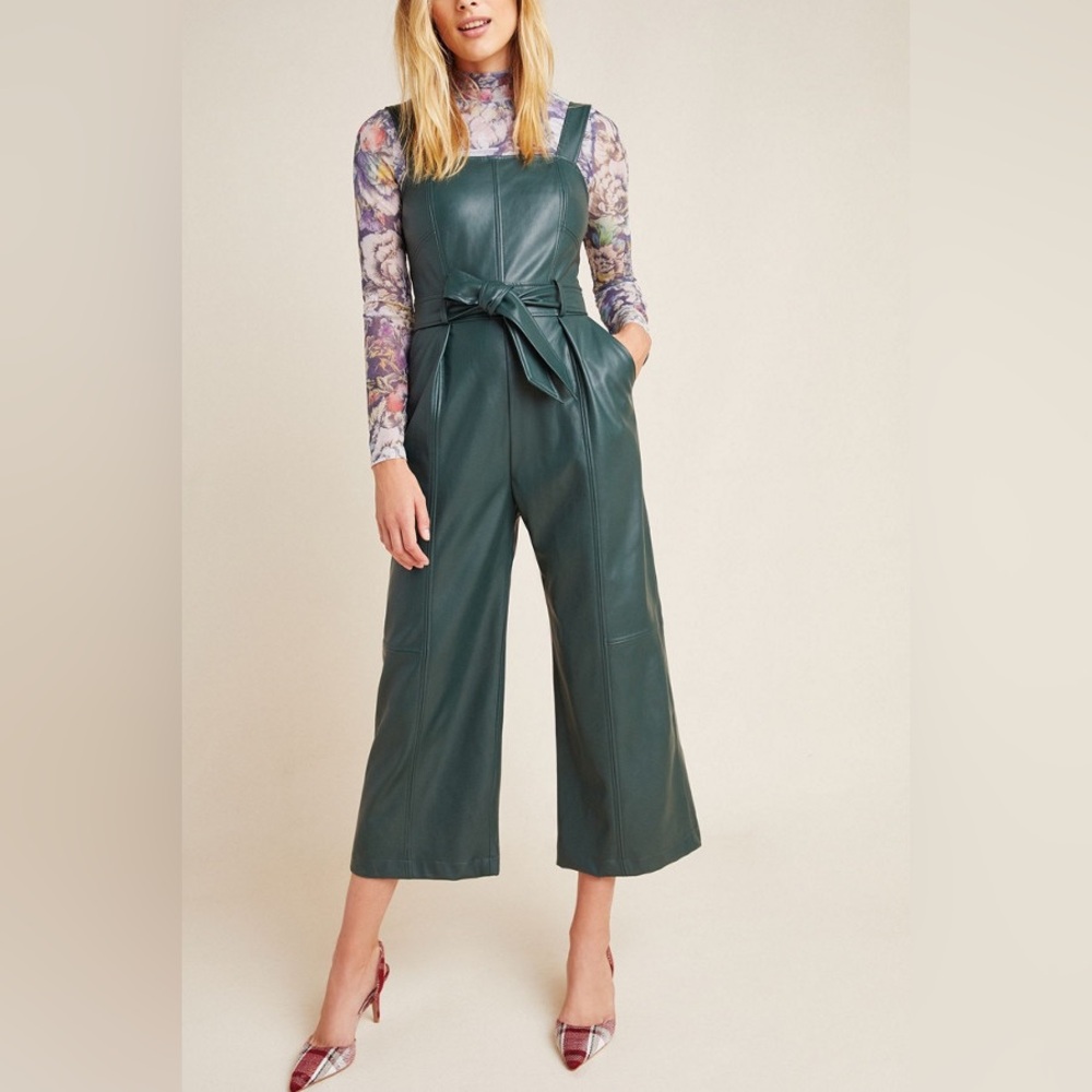 Anthropologie “Samira” vegan leather jumpsuit in deep green
